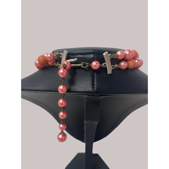 Vintage Japan 2 strand choker 12” 2” extender Peach Beads Stone Accent Pieces - Picture 3 of 5